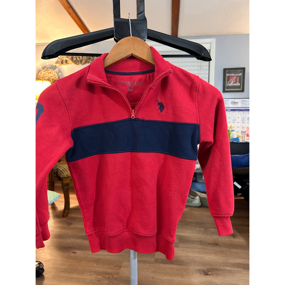Kids U S Polo Assn Red Navy Blue 1/4 Zip Pullover Sweatshirt Size S (6/7)